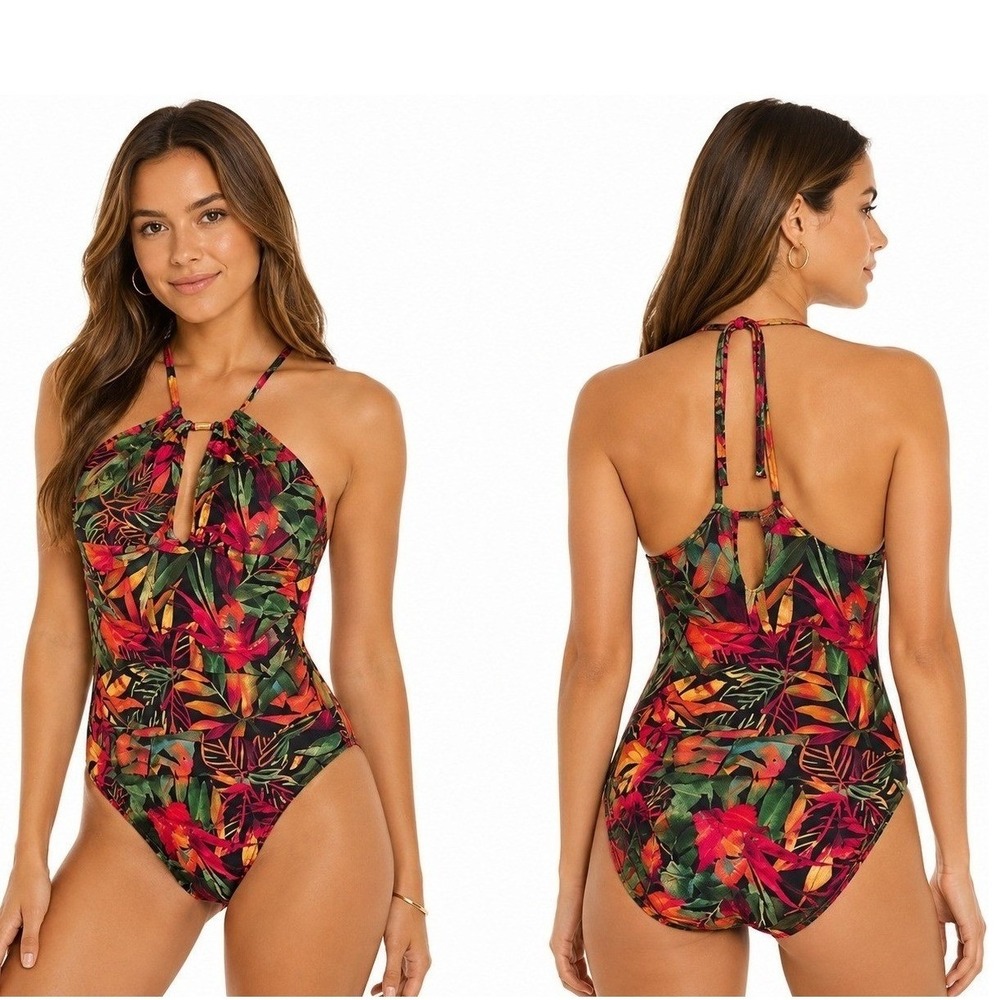 Lauren Ralph Lauren‎ Swimsuit Tropical One Piece Black Floral Beach Resortwear S